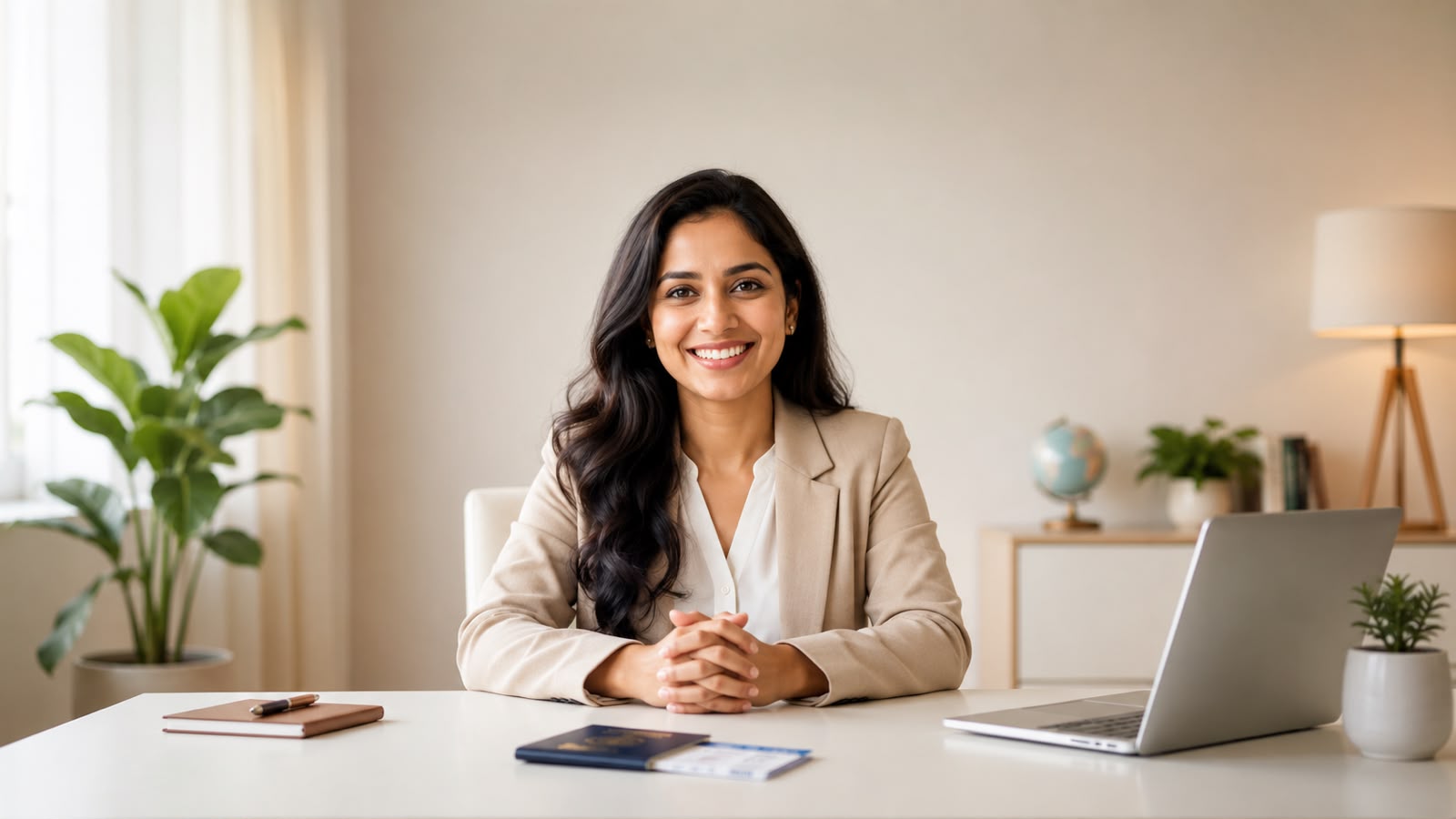Support specialist smiling at her desk, ready to help with your visa application