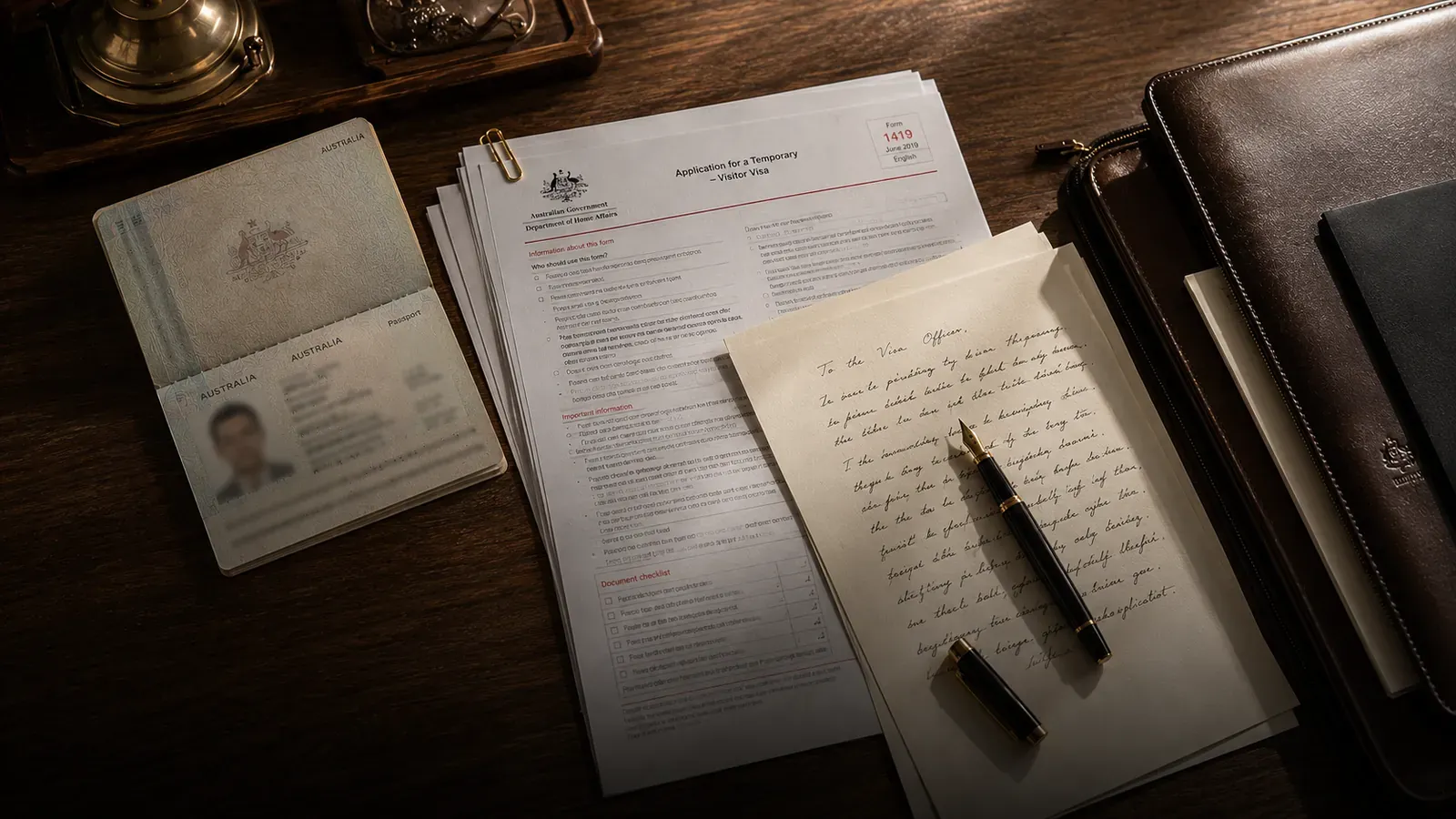 Visa application documents on a desk