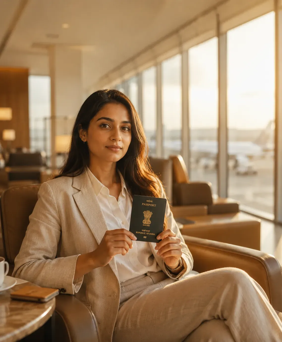 Traveller at an airport, passport in hand