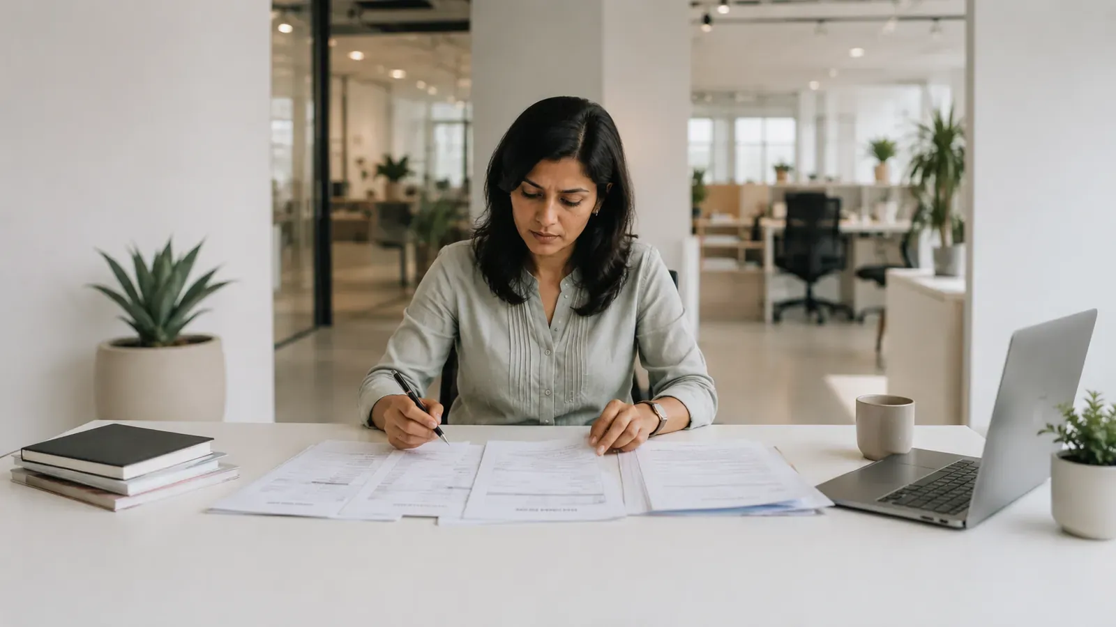 Person preparing documents at a desk