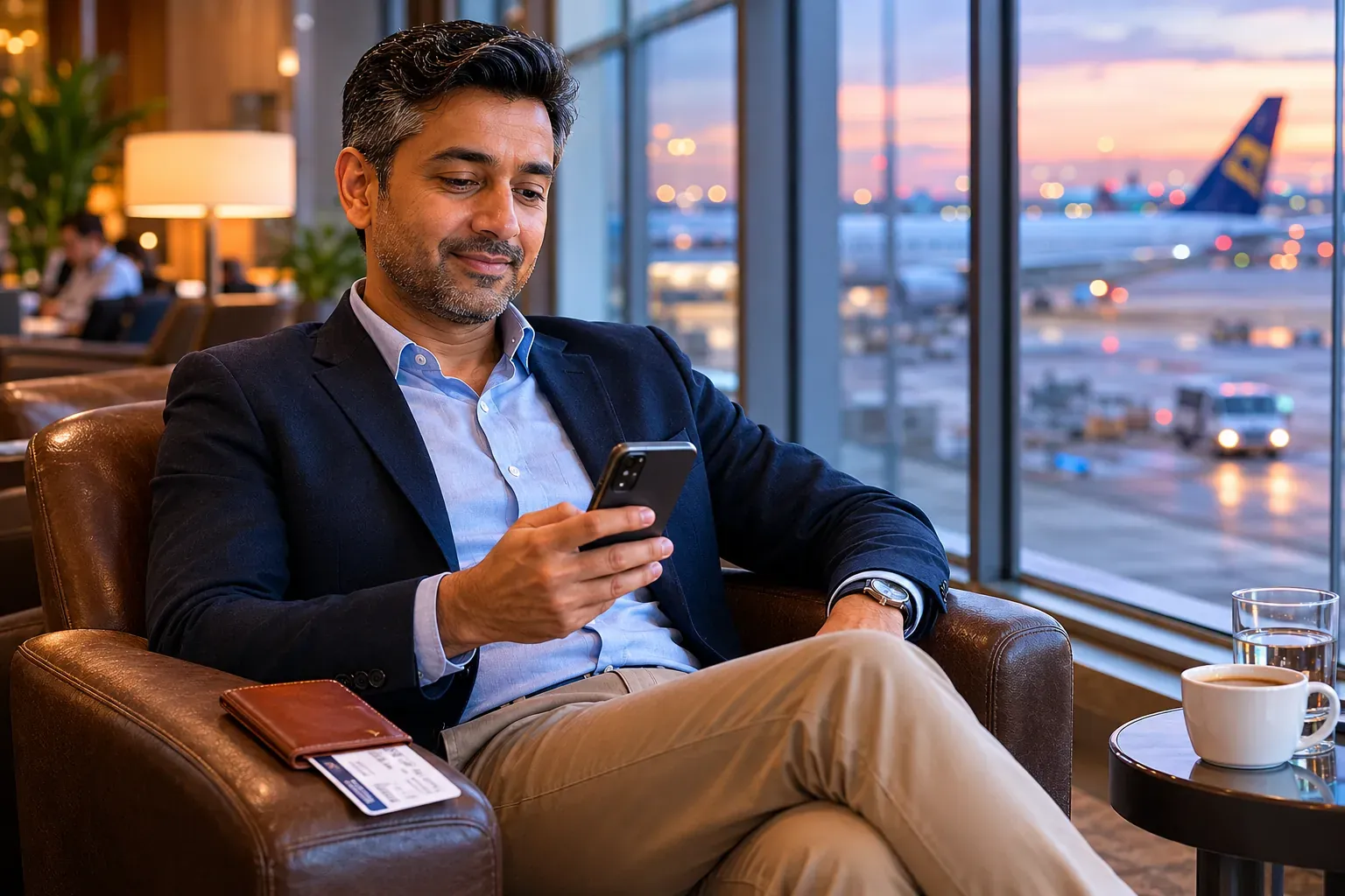 Professional looking at phone in an airport lounge